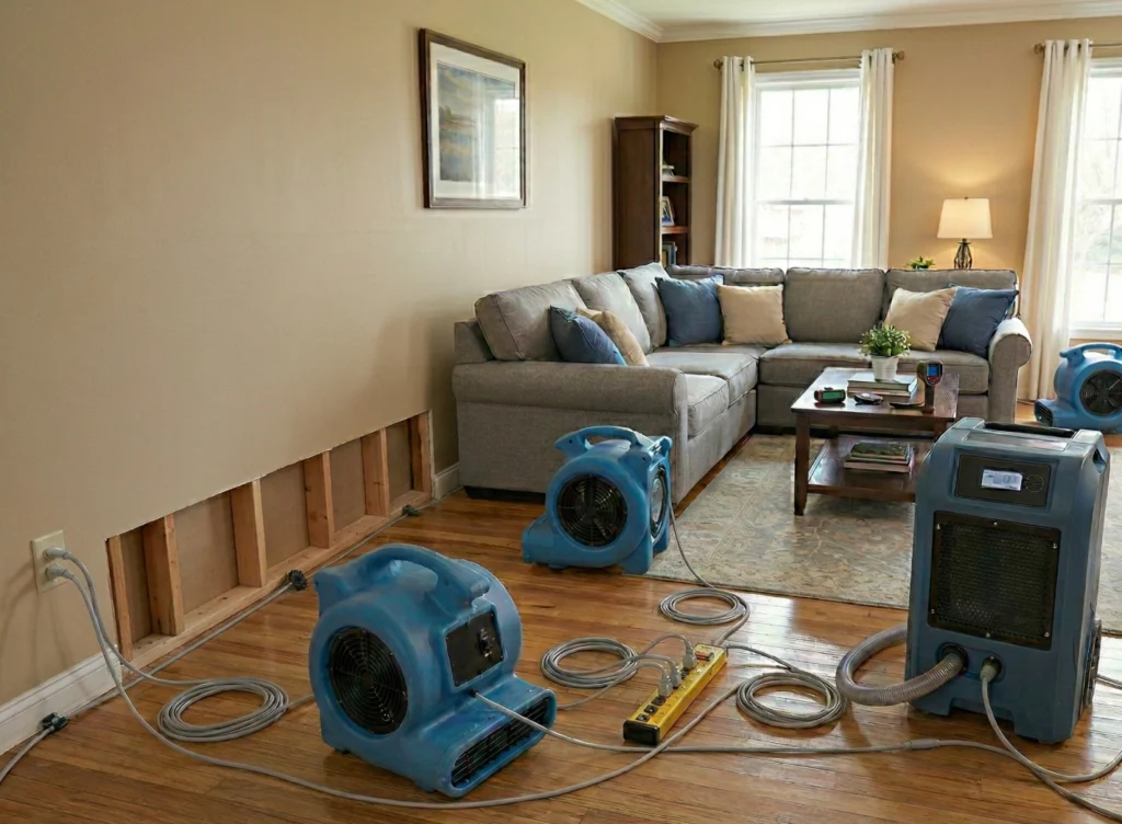 What to Expect When You Call a Restoration Company: The Process From Start to Finish 2 Professional drying equipment set up in a residential living room