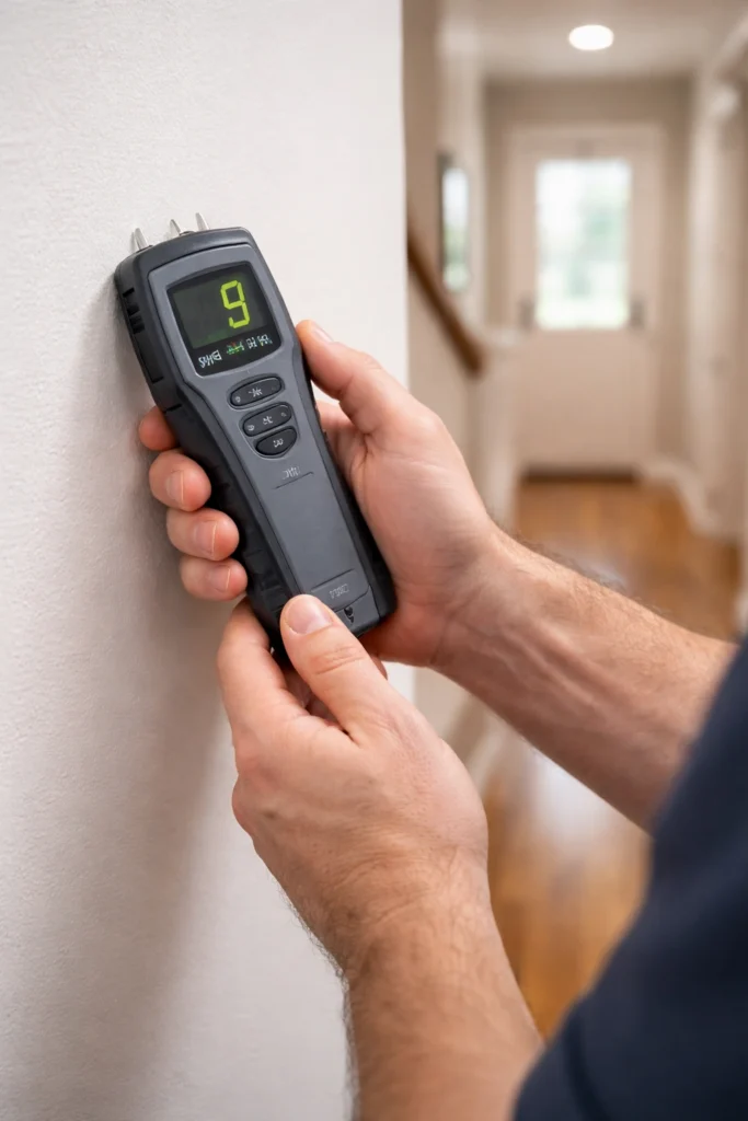 What to Expect When You Call a Restoration Company: The Process From Start to Finish 1 moisture-meter-wall-assessment