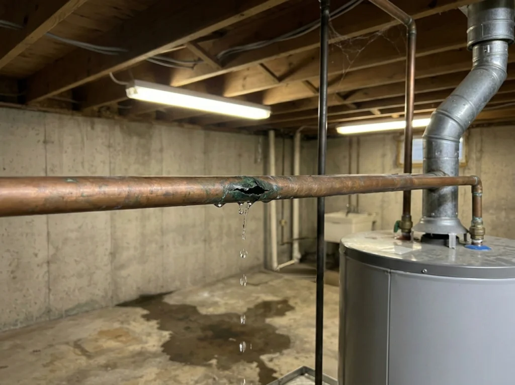 Does Homeowners Insurance Cover Water Damage? What Bucks County and Montgomery County Homeowners Need to Know 1 Close-up of a burst copper pipe dripping water in a basement utility area