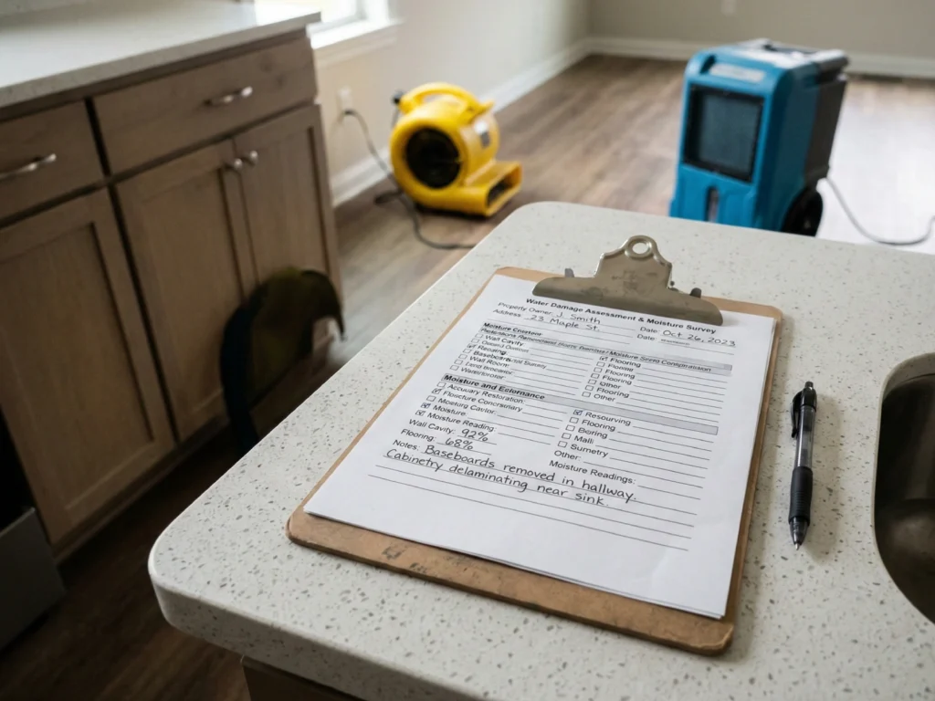 Does Homeowners Insurance Cover Water Damage? What Bucks County and Montgomery County Homeowners Need to Know 2 Restoration damage assessment clipboard with drying equipment in background