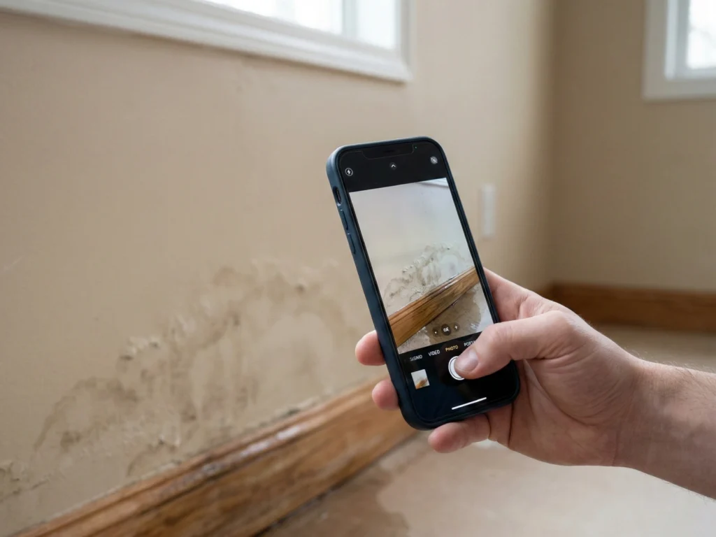 What to Do in the First 24 Hours After Water Damage in Your Home 1 Homeowner documenting water damage with a smartphone camera