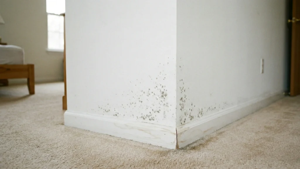 How Fast Does Mold Grow After Water Damage? The 24-48 Hour Timeline Explained 2 Early-stage mold growth on drywall near a baseboard in a residential room
