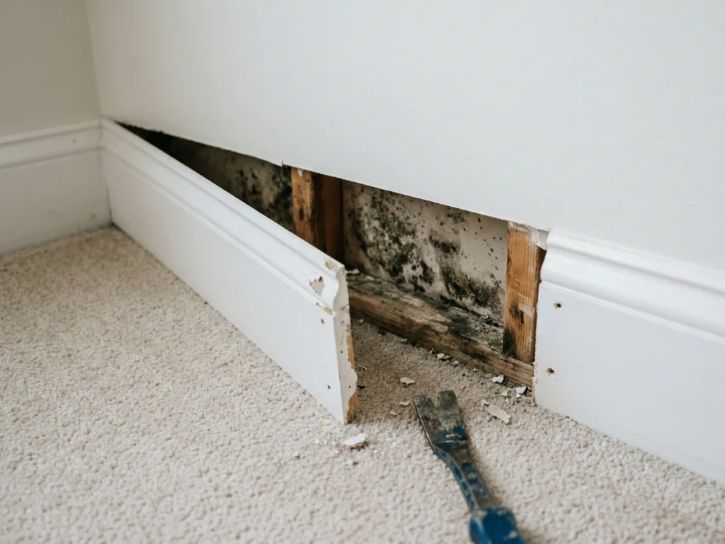Baseboard removed from wall revealing hidden mold growth behind it