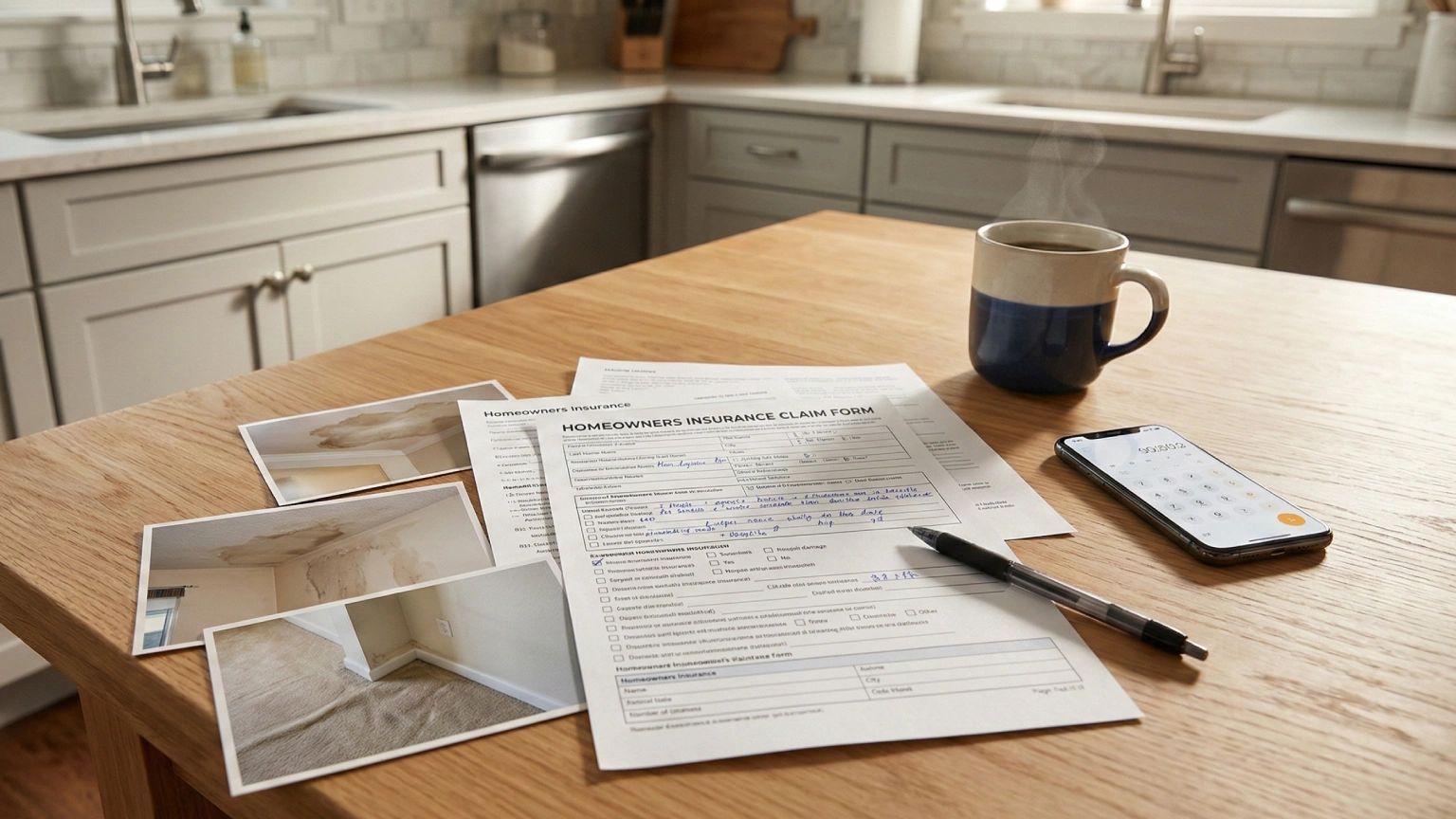 Insurance 1 Overhead view of insurance claim paperwork spread on a kitchen table