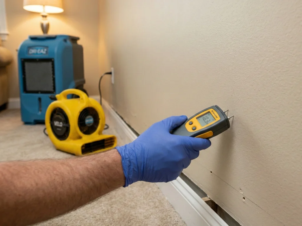 Technician monitoring moisture levels with a pin meter during the drying process