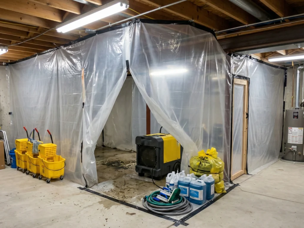 Professional containment and cleanup setup in a basement for sewage remediation