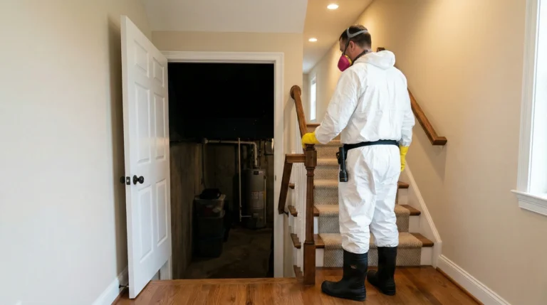 Restoration professional in full PPE standing at the top of basement stairs